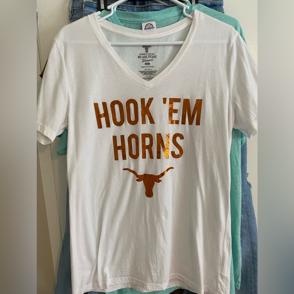 Size Large, White V Neck Tee, Longhorn Burnt Orange Sparkly Letters